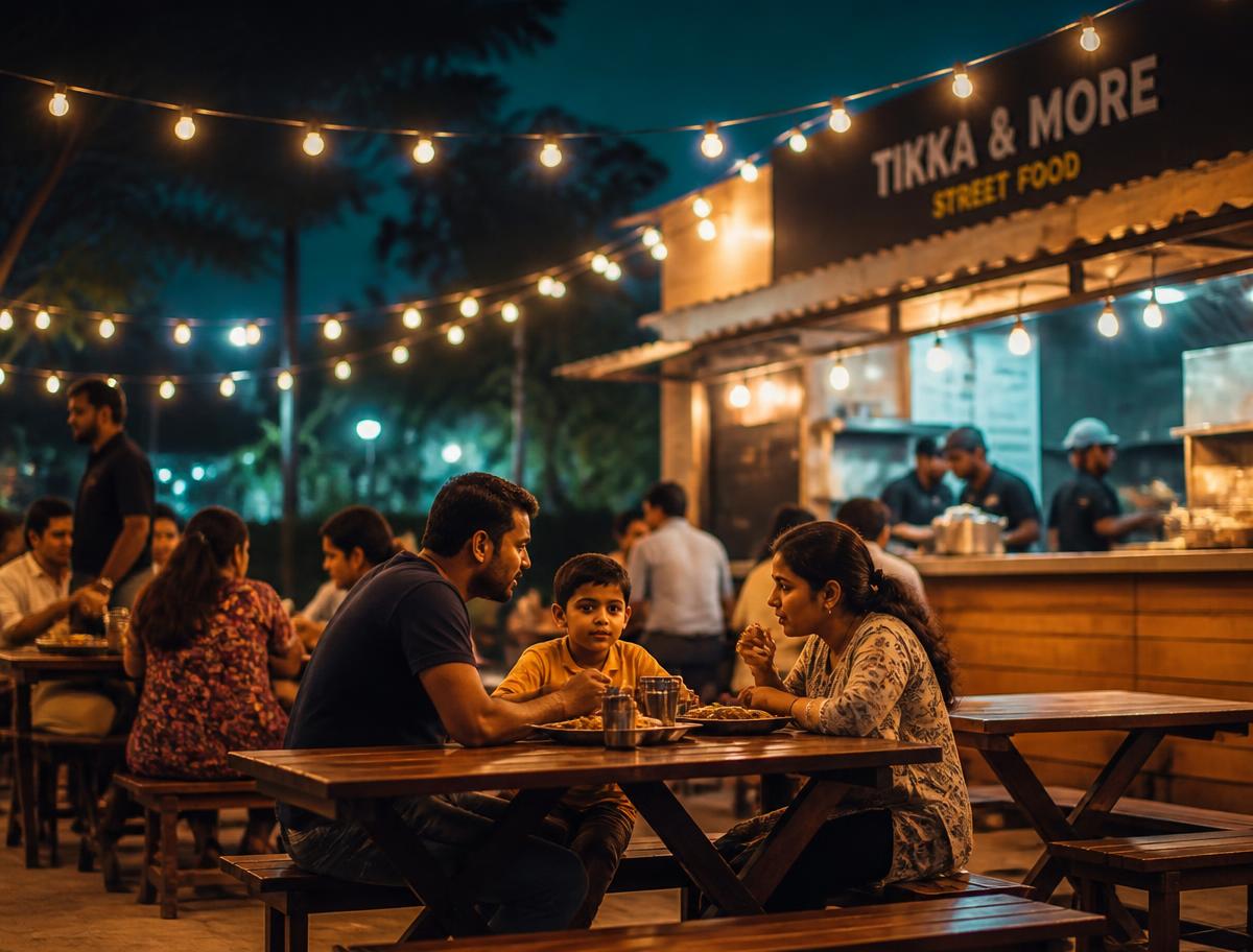 Outdoor patio with string lights and families eating at picnic tables
